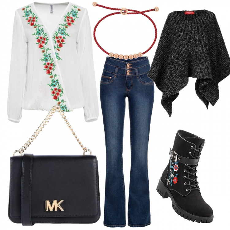 Outfit donna - Informale per l\'onomastico della collega. Stile Trendy per Ufficio. Abbinamento con stivali, jeans bootcut, camicie, cappe, borse a cartella, braccialetti.