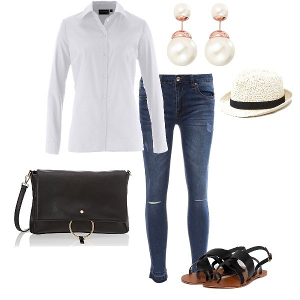 Outfit donna - MM classe. Stile Trendy per Tutti i giorni. Abbinamento con camicie, cappello in paglia, orecchini con perle oro.