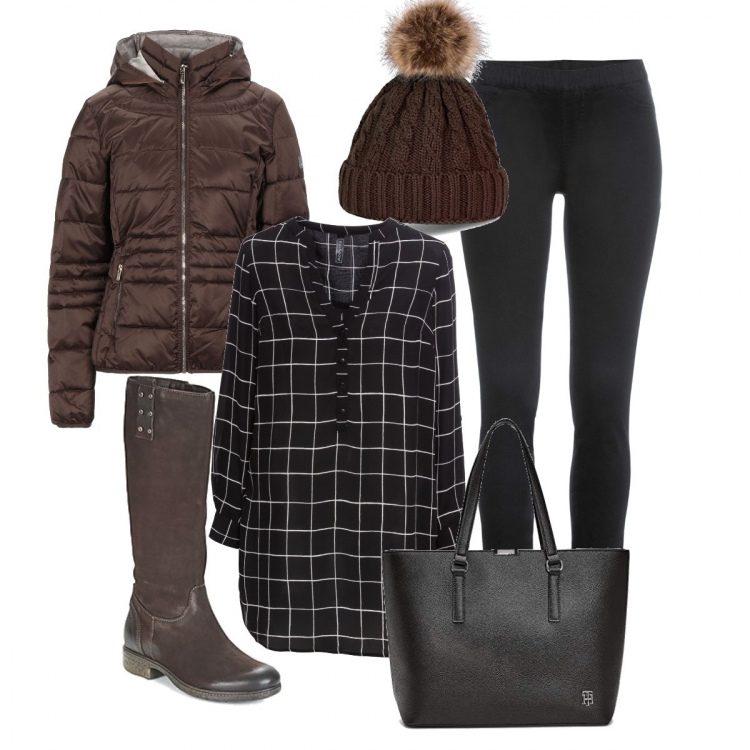 Outfit donna - Hygge. Stile Urban per Tutti i giorni. Abbinamento con bluse, jeggings, piumini, stivali, borse tote, berretti.