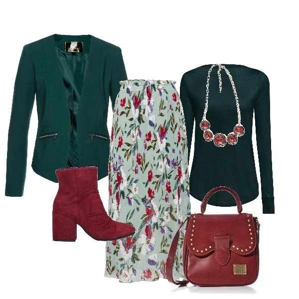 Outfit donna - Gonna flowers in ufficio. Stile Basic per Ufficio. look ideale per Tall. Abbinamento con blazer, gonne longuette, stivaletti, collane, borse a tracolla, pullovers.