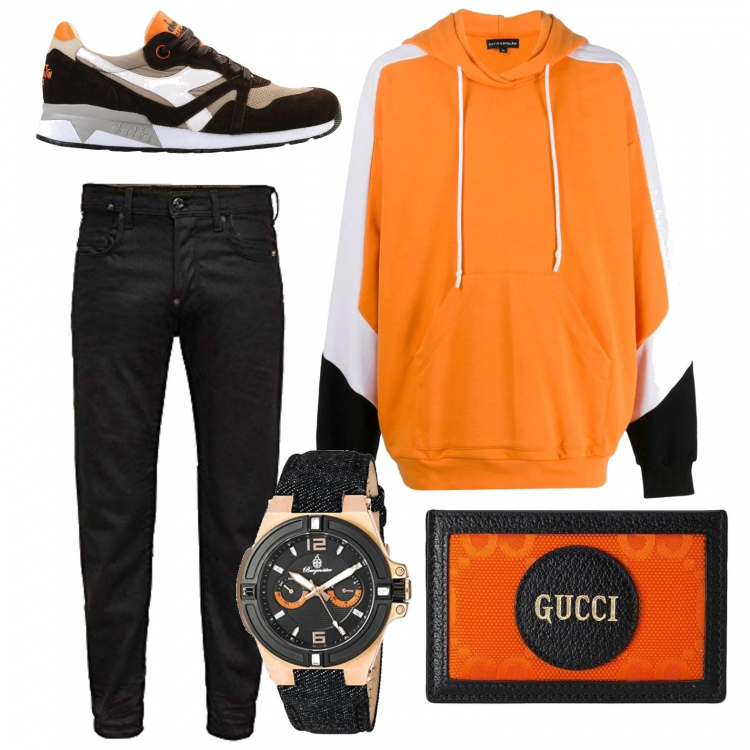 Outfit uomo - Arancione Halloween. Stile Urban per Tutti i giorni. Abbinamento con sneakers, portafogli, felpe con cappuccio, braccialetti, jeans.