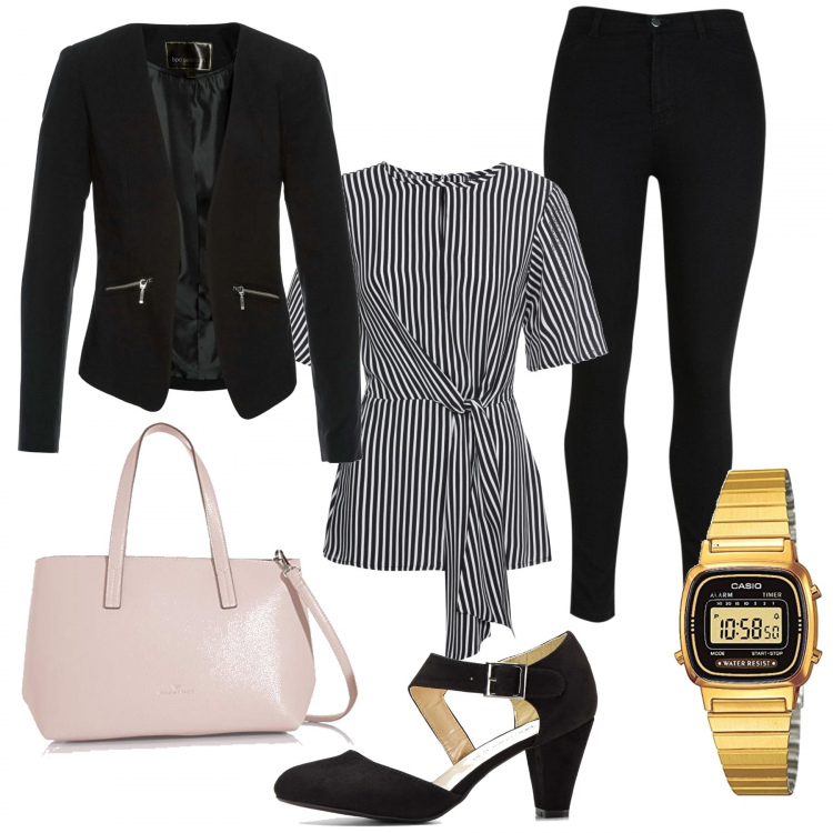 Outfit donna - Old but gold. Stile Urban per Serata fuori. Abbinamento con blazer, décolleté, bluse, jeans skinny, orologi digitali, borse tote.