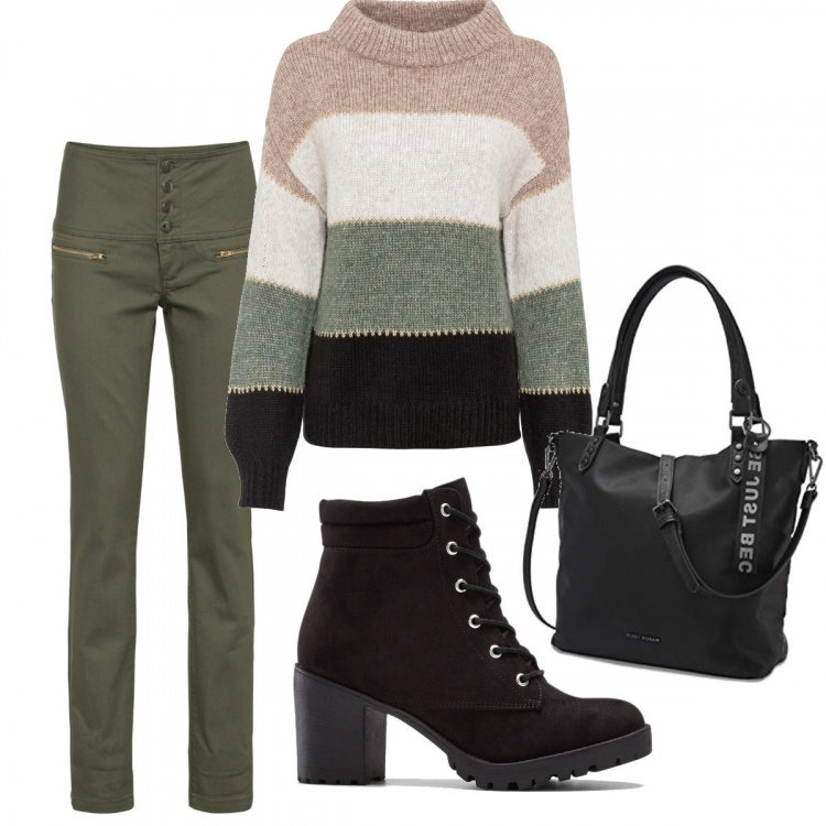 Outfit donna - Basic. Stile Basic per Scuola/Università. Abbinamento con stivaletti, maglieria, pantaloni, borse a mano.