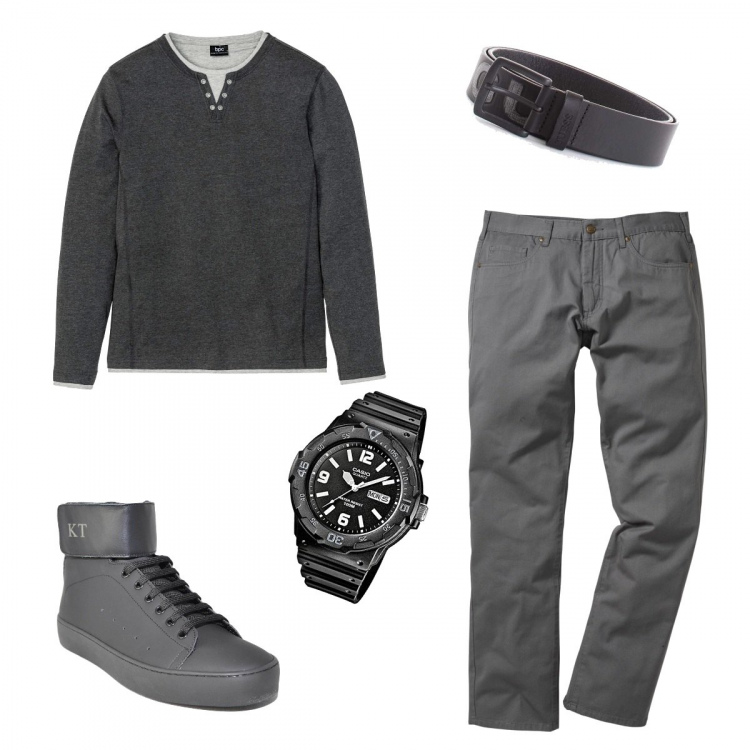 Outfit uomo - Maglia trendy. Stile Urban per Tutti i giorni. Abbinamento con cinture, sneakers alte, pantaloni, maglieria, orologi analogici.