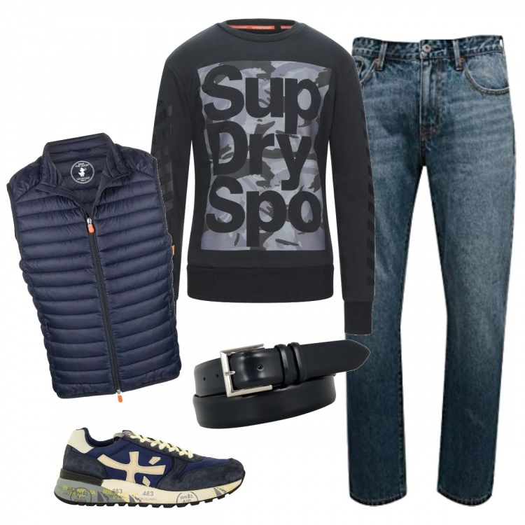 Outfit uomo - Smanicato e felpa. Stile Urban per Tutti i giorni. Abbinamento con piumini, felpe, sneakers, jeans dritti, cinture.