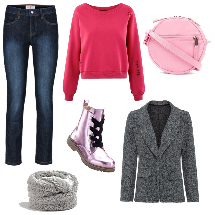 Outfit donna - Street style in rosa. Stile Urban per Tutti i giorni. Abbinamento con jeans slim fit, blazer, stivaletti, sciarpe, borse a tracolla, felpe.