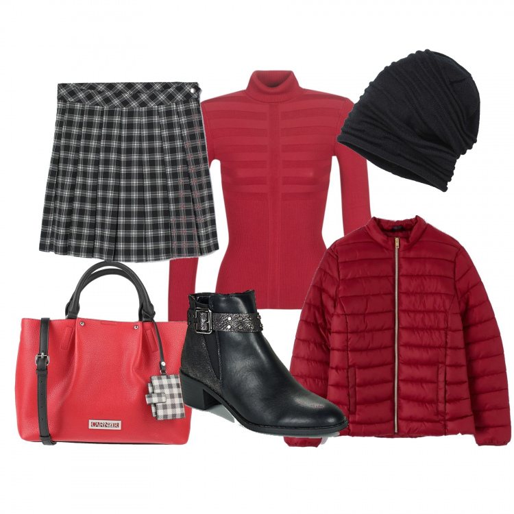 Outfit donna - Gonna a pieghe e stivaletto. Stile Trendy per Scuola/Università. Abbinamento con berretti, borse a mano, cappotti, maglioni, stivaletti, minigonne.