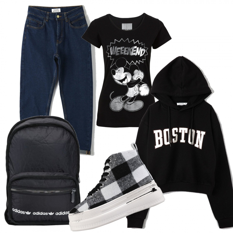 Outfit donna - Mix&Match. Stile Urban per Scuola/Università. Abbinamento con t-shirt, sneakers alte, zaini, jeans mom, felpe con cappuccio.