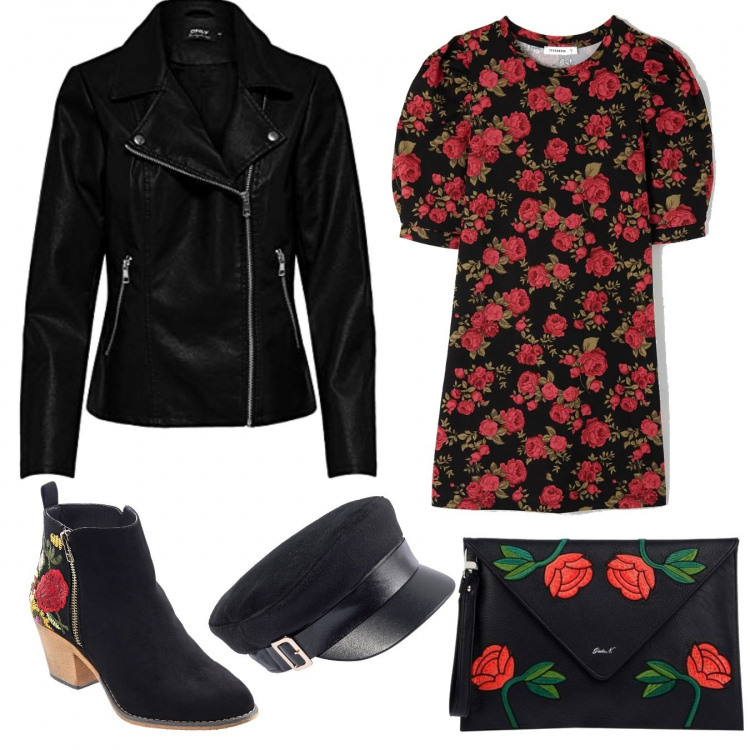 Outfit donna - Red rose rock. Stile Rock per Serata fuori. Abbinamento con stivaletti, berretti, borse messenger, vestiti, blazer.