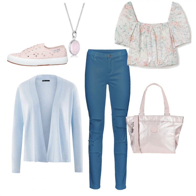 Outfit donna - Romanticamente. Stile Basic per Tutti i giorni. Abbinamento con sneakers, borse a mano, pantaloni, cardigans, collane, top.