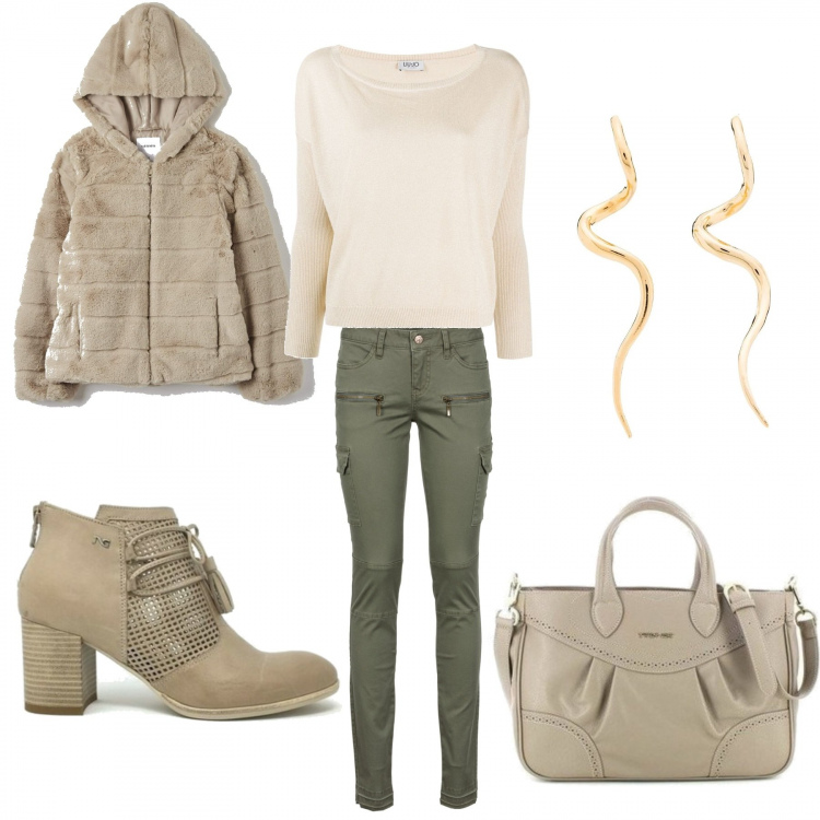 Outfit donna - Urban #28012. Stile Urban per Tutti i giorni. Abbinamento con pantaloni cargo, ecopellicce, stivaletti, borse a mano, maglioni, orecchini.