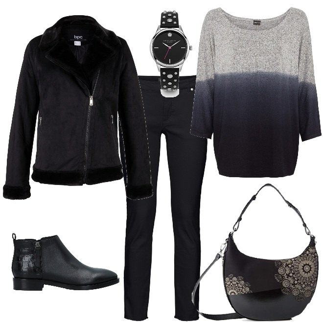 Outfit donna - Curvy Style: colazione con le amiche. Stile Trendy per Tutti i giorni. Abbinamento con stivaletti, maglieria, blazer, pantaloni capri, borse a tracolla, orologi.