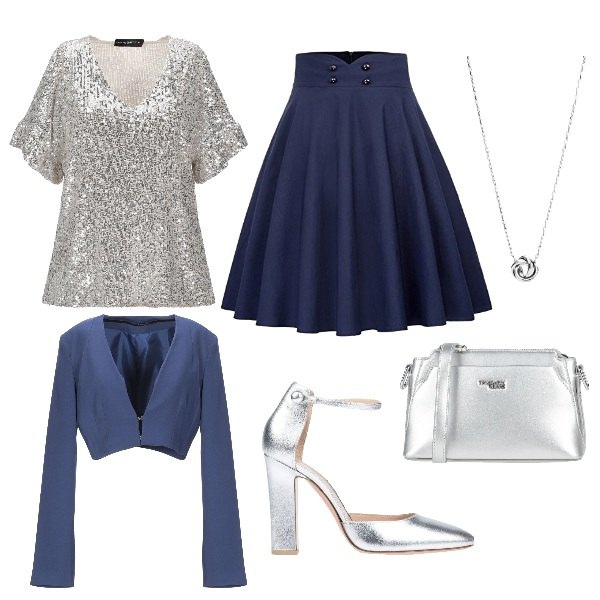 Outfit donna - Silver night. Stile Bon Ton per Serata fuori. Abbinamento con bluse, blazer, borse a tracolla, décolleté, gonne longuette, ciondoli.