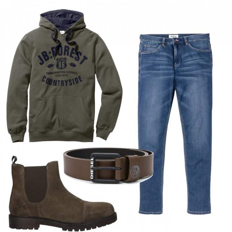 Outfit uomo - Casual #22463. Stile Casual per Tutti i giorni. Abbinamento con jeans, felpe con cappuccio, stivali e stivaletti, cinture.