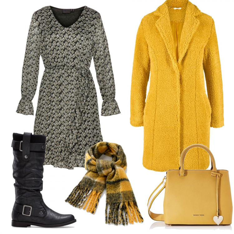 Outfit donna - Cappotto teddy. Stile Basic per Tutti i giorni. Abbinamento con vestiti, cappotti, sciarpe, stivali sopra il ginocchio, borse a tracolla.