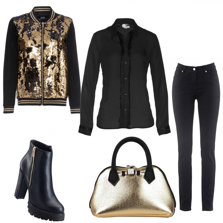 Outfit donna - La febbre dell\'oro. Stile Urban per Serata fuori. Abbinamento con jeans dritti, bomber, stivaletti, camicie, borse a mano.