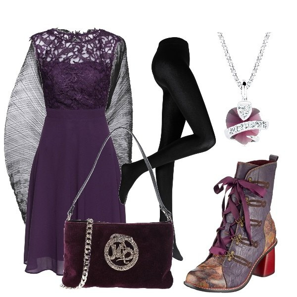 Outfit donna - Notte di halloween. Stile Sexy per Serata fuori. Abbinamento con collant, vestiti, bolero, borse a mano, stivaletti, ciondoli.