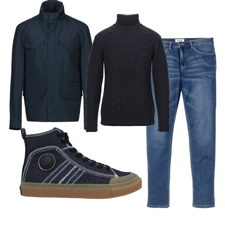 Outfit uomo - Casual #22569. Stile Casual per Tutti i giorni. Abbinamento con jeans, pullovers, cappotti, sneakers alte.