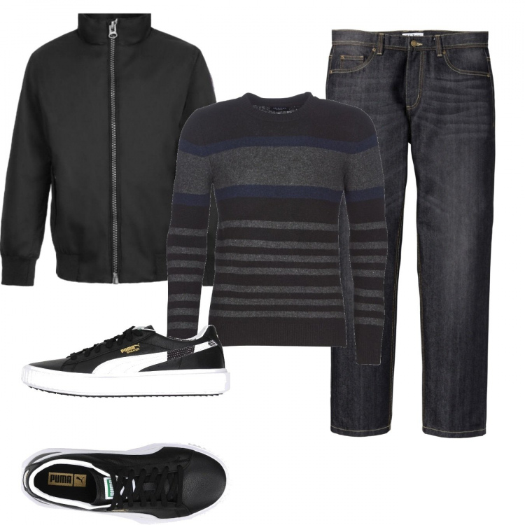 Outfit uomo - Casual #22594. Stile Casual per Tutti i giorni. Abbinamento con jeans dritti, sneakers, bomber, maglioni.