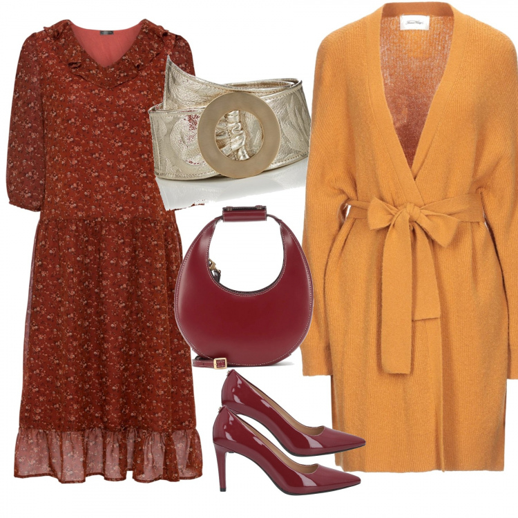 Outfit donna - Foglie d'autunno. Stile Trendy per Tutti i giorni. Abbinamento con cardigans, décolleté, vestiti midi/longuette, borse a tracolla, cinture.