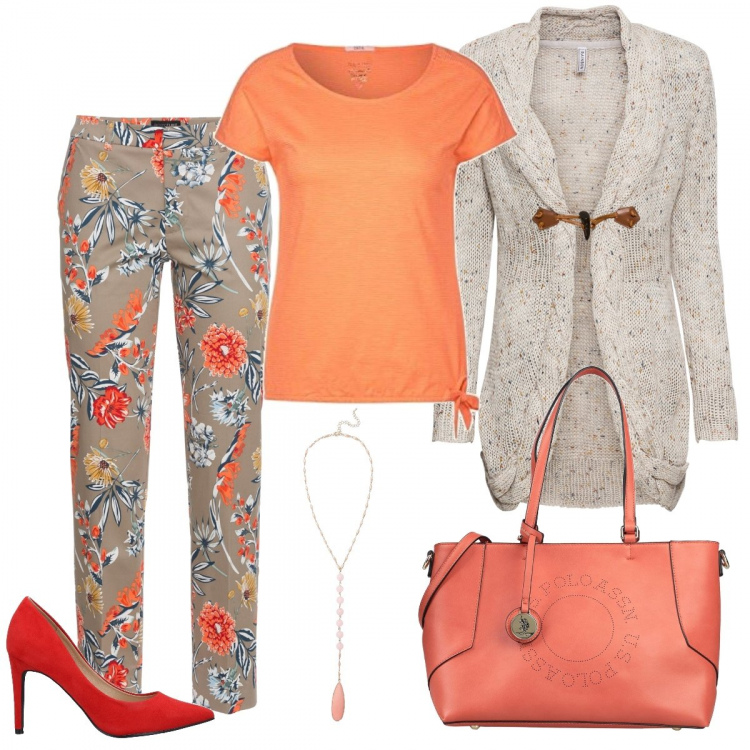 Outfit donna - Oranges. Stile Trendy per Tutti i giorni. Abbinamento con pantaloni, cardigans, décolleté, borse a mano, collane, t-shirt.