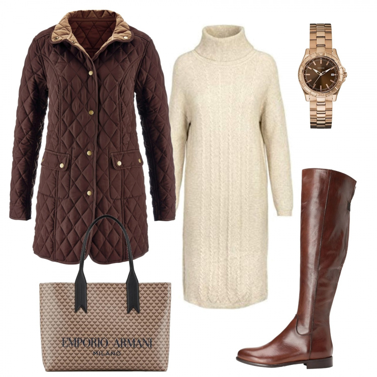 Outfit donna - Vestito in maglia. Stile Basic per Tutti i giorni. Abbinamento con giacche, stivali sopra il ginocchio, vestiti, shopping bag, orologi analogici.