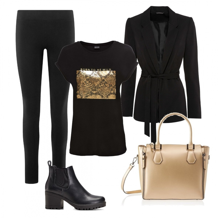 Outfit donna - Goldie. Stile Rock per Tutti i giorni. Abbinamento con stivaletti chelsea, blazer, maglieria, leggings, borse a spalla.