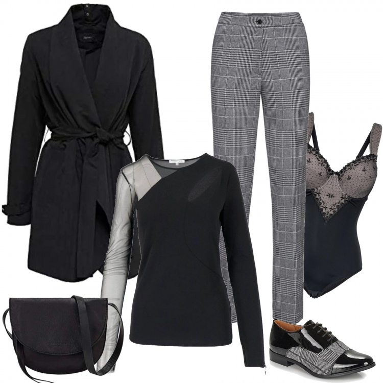 Outfit donna - Mood stiloso. Stile Trendy per Tutti i giorni. Abbinamento con body, pantaloni, scarpe stringate, cappotti, pullovers, clutch.