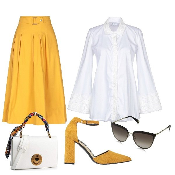 Outfit donna - Bon Ton #31426. Stile Bon Ton per Serata fuori. Abbinamento con camicie, gonne longuette, décolleté, borse a mano, occhiali da sole.