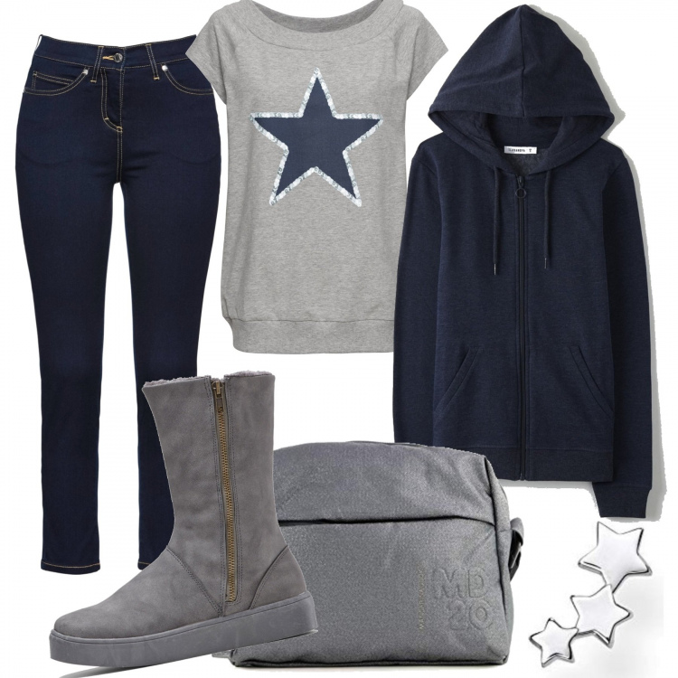 Outfit donna - Mix&Match. Stile Basic per Tutti i giorni. Abbinamento con t-shirt, stivali, jeans, felpe con cappuccio, borse a tracolla, orecchini.