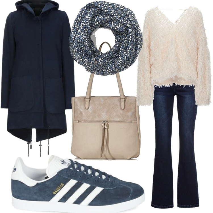 Outfit donna - Le amate Gazzelle. Stile Basic per Scuola/Università. Abbinamento con jeans bootcut, cappotti, pullovers, sneakers, sciarpe, borse tote.