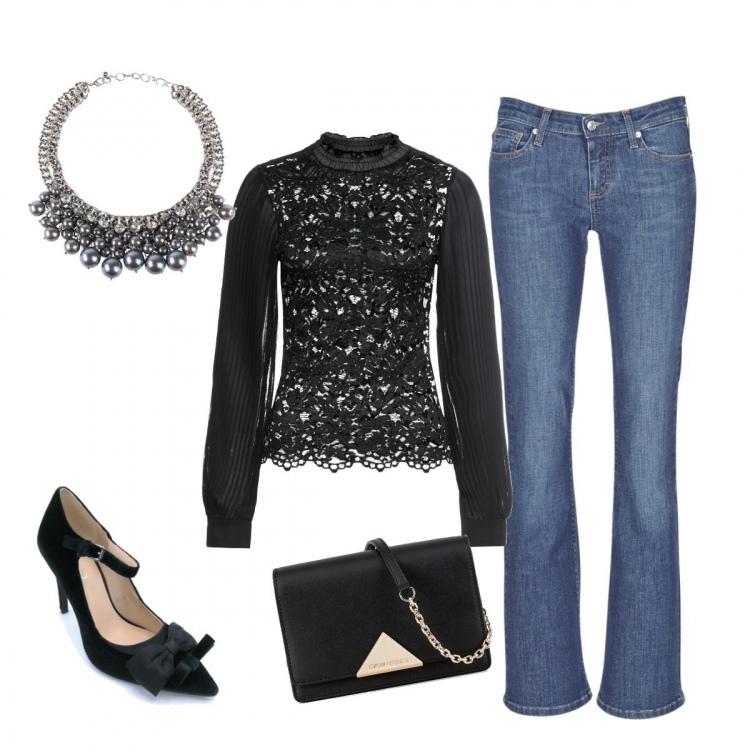 Outfit donna - Domenica informale. Stile Trendy per Tutti i giorni. Abbinamento con jeans bootcut, décolleté, collane, borse a tracolla, pullovers.