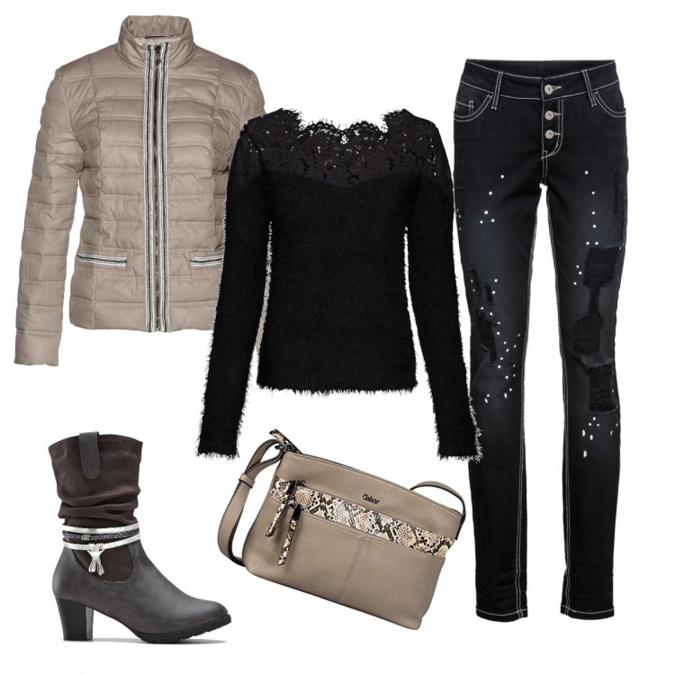 Outfit donna - Maglioncino con pizzo. Stile Trendy per Tutti i giorni. Abbinamento con maglioni, pantaloni, cappotti, stivaletti, borse a mano.