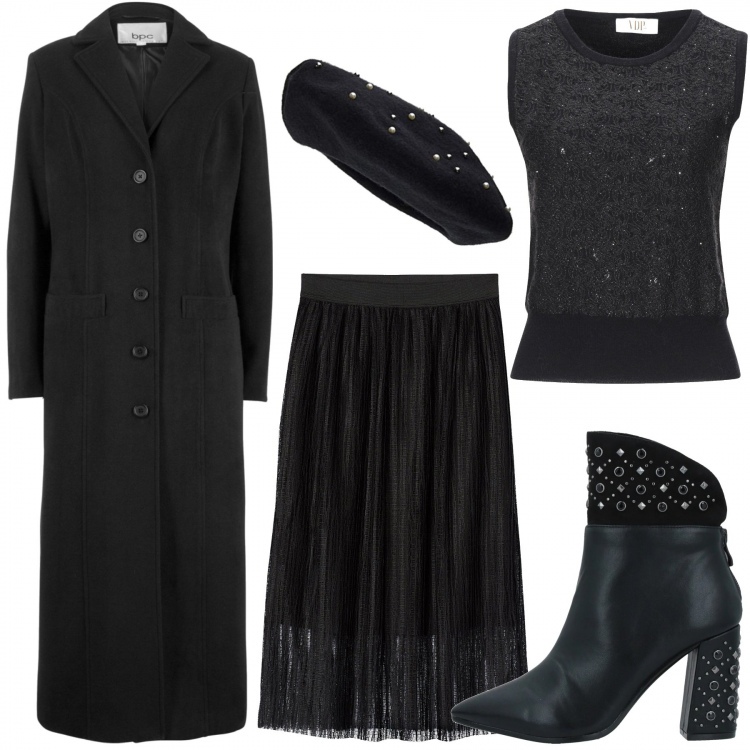 Outfit donna - Winter in Total black. Stile Chic per Tutti i giorni. Abbinamento con cappotti, pullovers, stivaletti, gonne longuette, berretti.