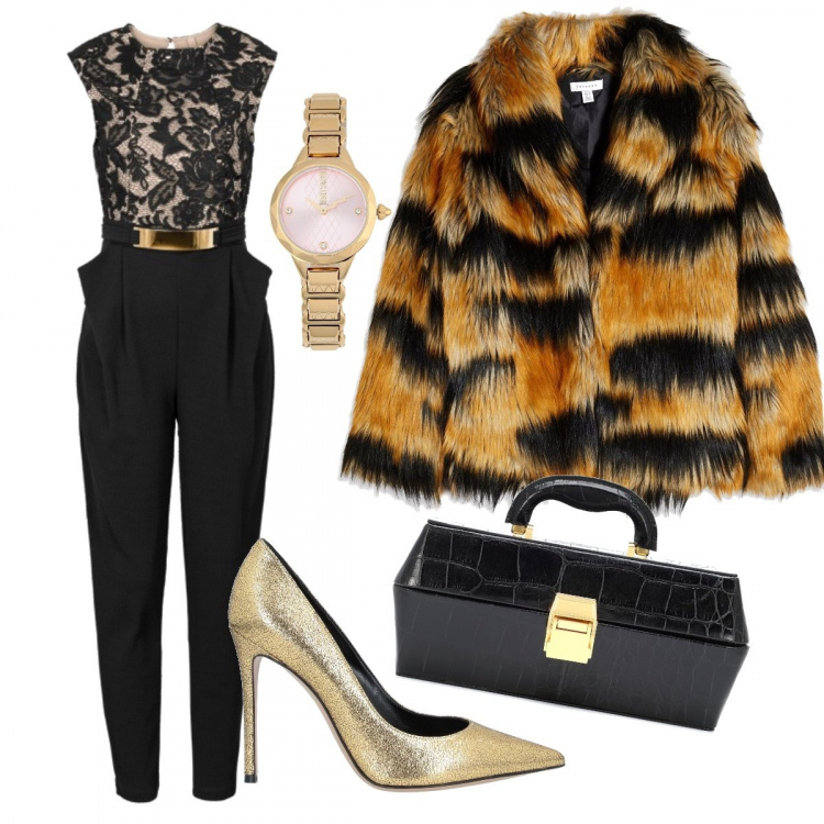Outfit donna - Décolleté dorate. Stile Chic per Serata fuori. Abbinamento con tute, ecopellicce, décolleté, orologi, borse a mano.