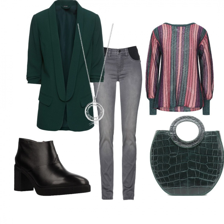 Outfit donna - Trendy #76187. Stile Trendy per Tutti i giorni. Abbinamento con blazer, jeans, pullovers, stivaletti, ciondoli, borse a mano.