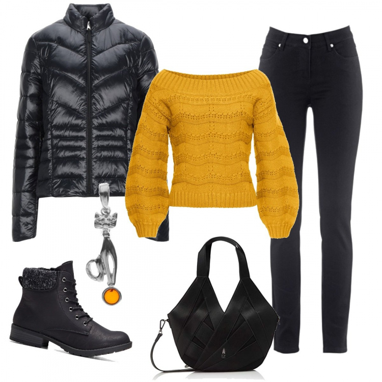 Outfit donna - Maglioncino spalle scoperte. Stile Trendy per Tutti i giorni. Abbinamento con jeans dritti, maglioni, stivaletti, piumini, borse a spalla, ciondoli.