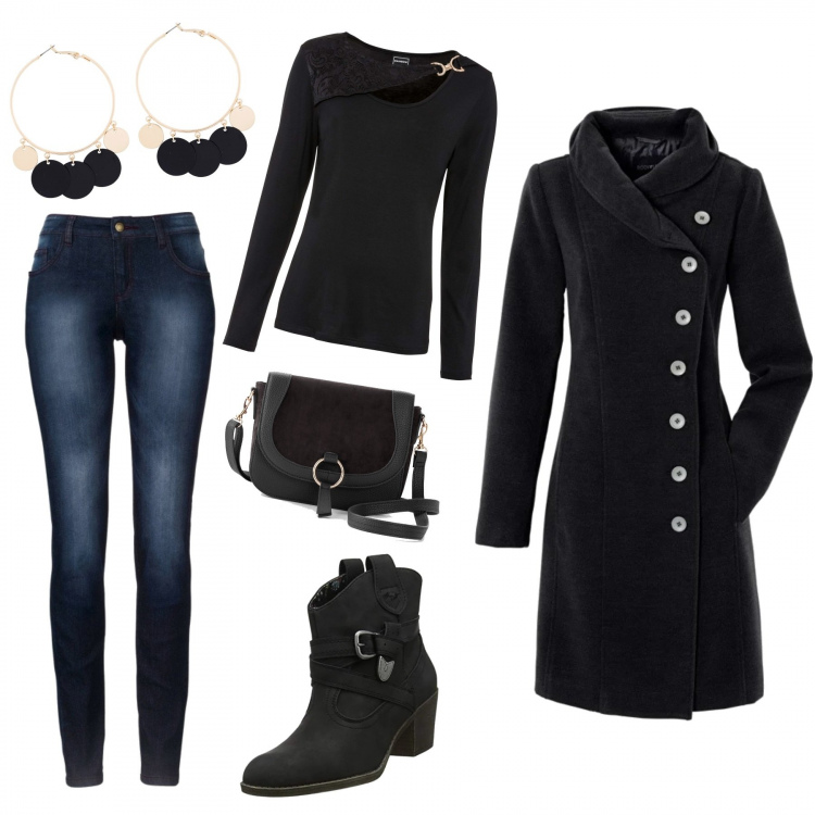 Outfit donna - Stile Black inverno per tutti i giorni. Stile Trendy per Tutti i giorni. look ideale per Petite. Abbinamento con jeans skinny, maglieria, cappotti, orecchini, borse a tracolla, stivaletti texani.