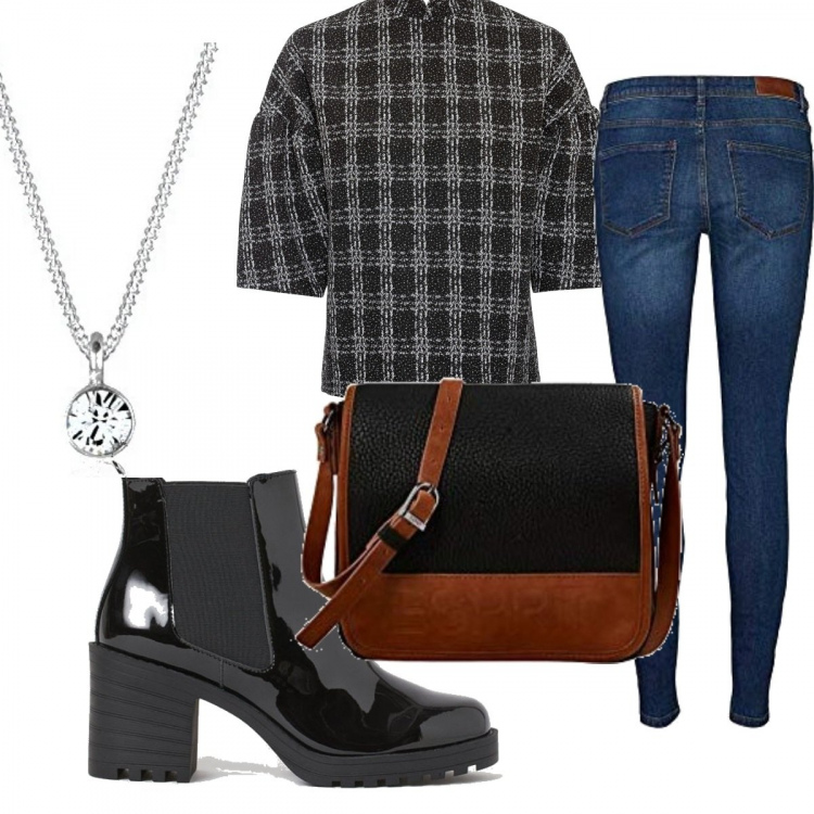 Outfit donna - Total look #773080. per Tutti i giorni. Abbinamento con maglieria, borse a tracolla, jeans, collane, stivaletti.
