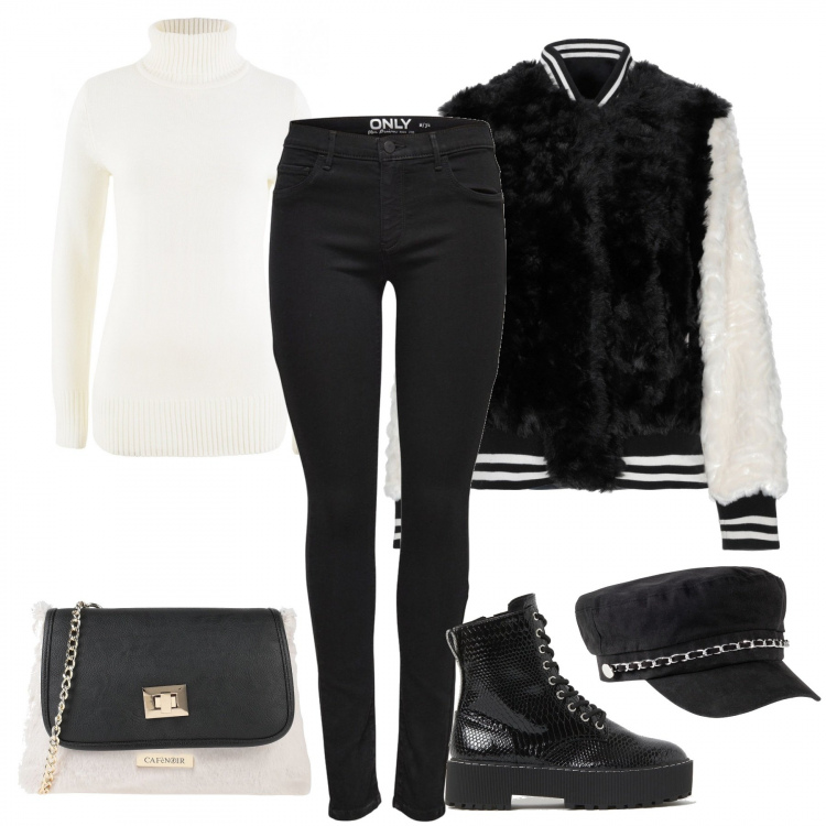 Outfit donna - Consigli di stile inverno low-cost. Stile Urban per Tutti i giorni. Abbinamento con maglieria, berretti, ecopellicce, borse a tracolla, jeans skinny, stivaletti.