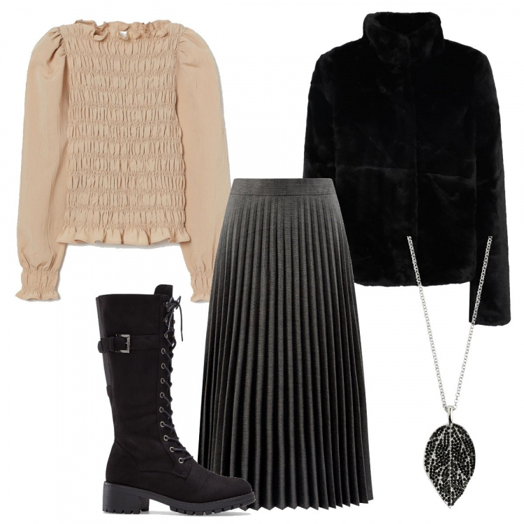 Outfit donna - Rosa antico e nero. Stile Urban per Tutti i giorni. Abbinamento con stivali, ciondoli, ecopellicce, gonne lunghe, camicie.