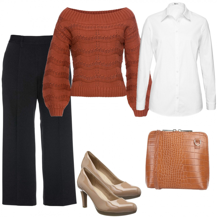 Outfit donna - Pantaloni culotte. Stile Bon Ton per Ufficio. Abbinamento con borse a tracolla, camicie, maglioni, pantaloni culotte, scarpe col tacco.