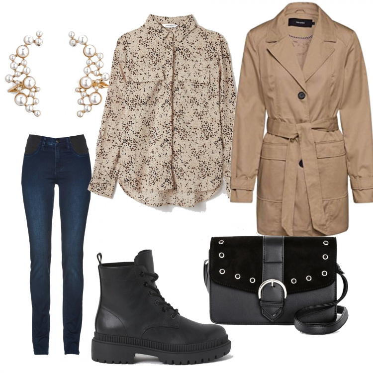 Outfit donna - Urban #28242. Stile Urban per Tutti i giorni. Abbinamento con jeans, orecchini, borse a tracolla, camicie, trench, stivaletti.