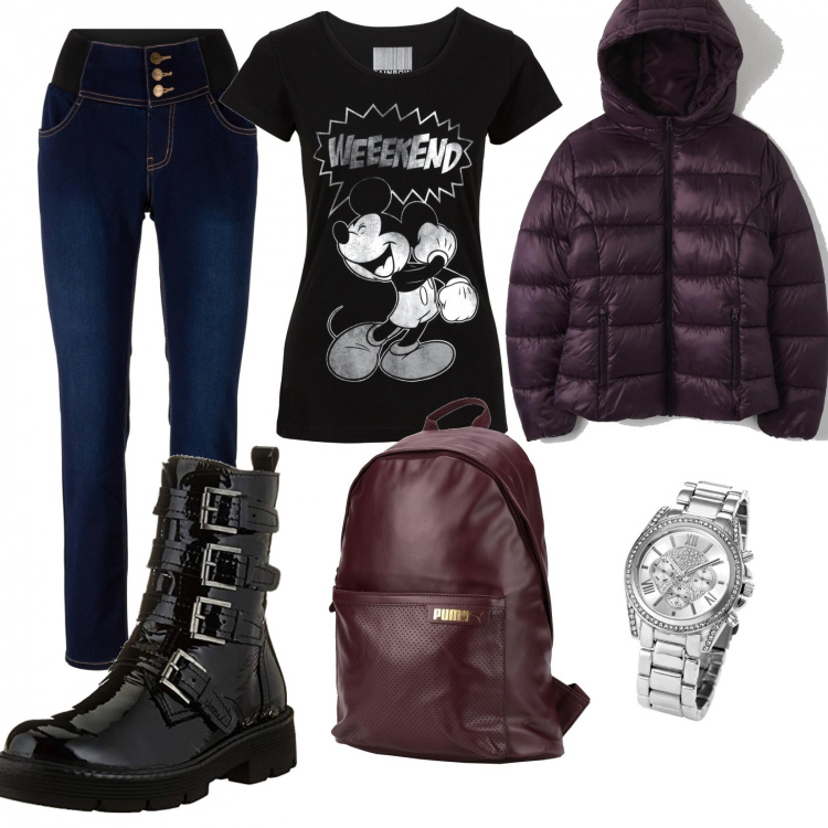 Outfit donna - Urban #28244. Stile Urban per Tutti i giorni. Abbinamento con t-shirt, jeans slim fit, orologi, zaini, cappotti, stivaletti.