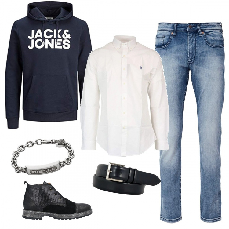 Outfit uomo - Felpa e camicia. Stile Casual per Tutti i giorni. Abbinamento con stivali e stivaletti, maglieria, braccialetti, camicie, jeans, cinture.