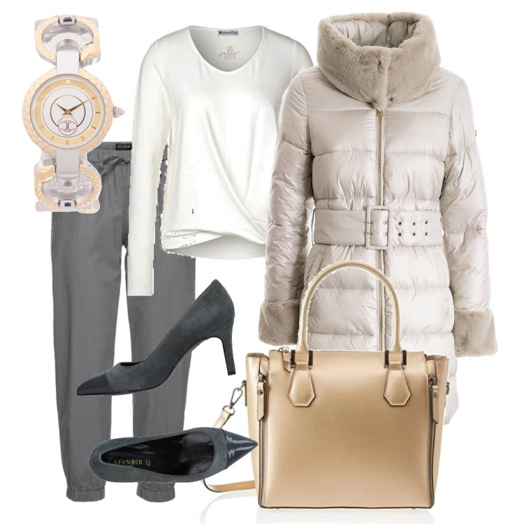 Outfit donna - Gold & silver. Stile Chic per Ufficio. Abbinamento con pantaloni, décolleté, orologi, piumini, t-shirt, borse a spalla.