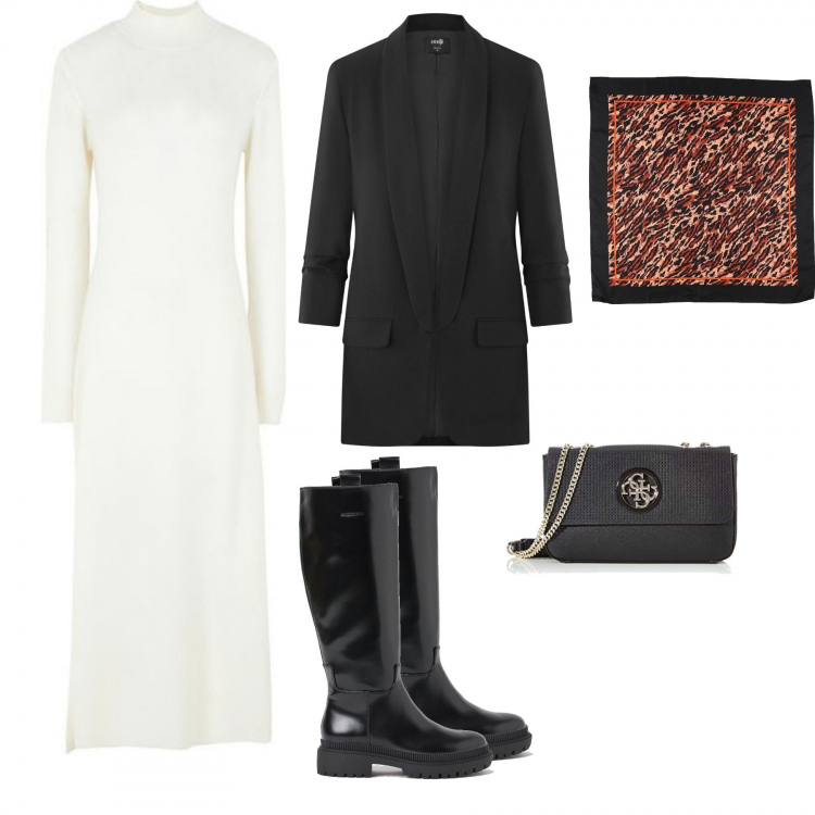 Outfit donna - Comoda in città. Stile Urban per Tutti i giorni. Abbinamento con vestiti midi/longuette, foulard, stivali, blazer, borse a spalla.
