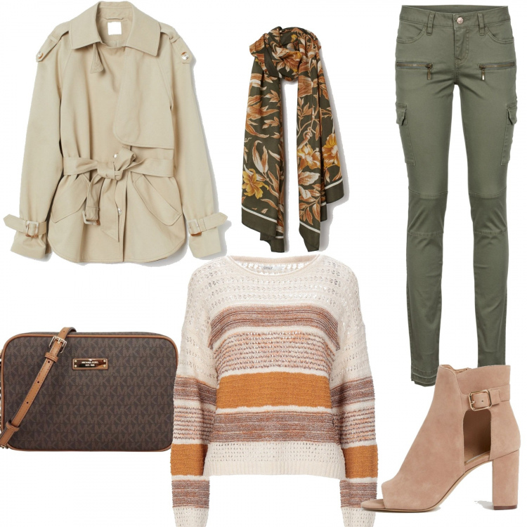 Outfit donna - Basic #41279. Stile Basic per Ufficio. Abbinamento con pantaloni cargo, pullovers, stivaletti, borse a tracolla, trench, sciarpe.