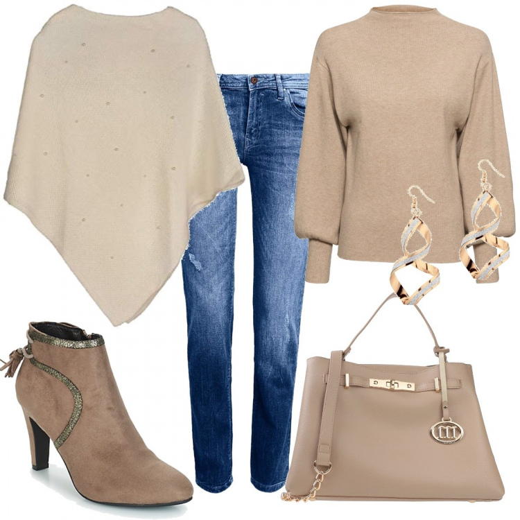 Outfit donna - Latte macchiato. Stile Chic per Tutti i giorni. Abbinamento con maglieria, orecchini, borse a mano, stivaletti, cappotti, jeans.
