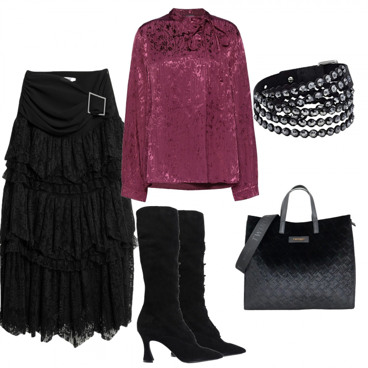 Outfit donna - Dark romance. Stile Sexy per Serata fuori. Abbinamento con gonne lunghe, bluse, stivali, borse a mano, braccialetti.